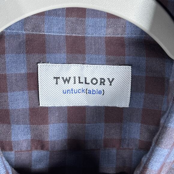 Twillory Untuckable Tailored Fit Shirt Brown Blue Check S-M Button Down Mens - Picture 3 of 7